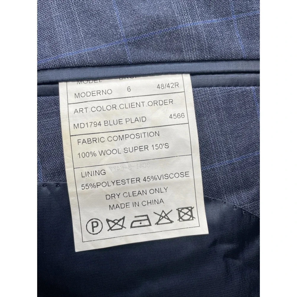 Max Davoli Baroni Suit 48S 100% Wool Super 150s Blue Plaid Pants 42 x 29
